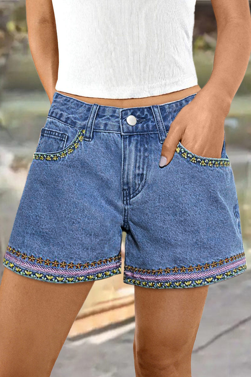 Wash Embroidery Mid Waist Denim Shorts