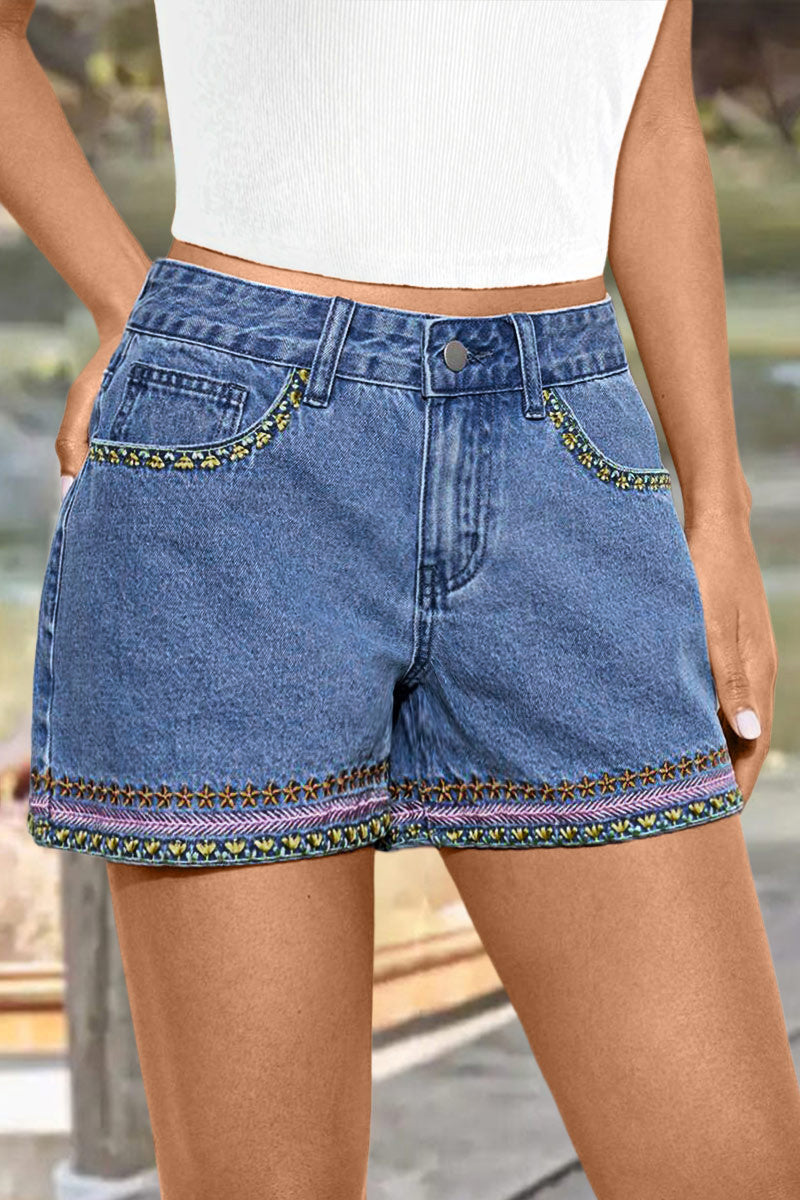 Wash Embroidery Mid Waist Denim Shorts