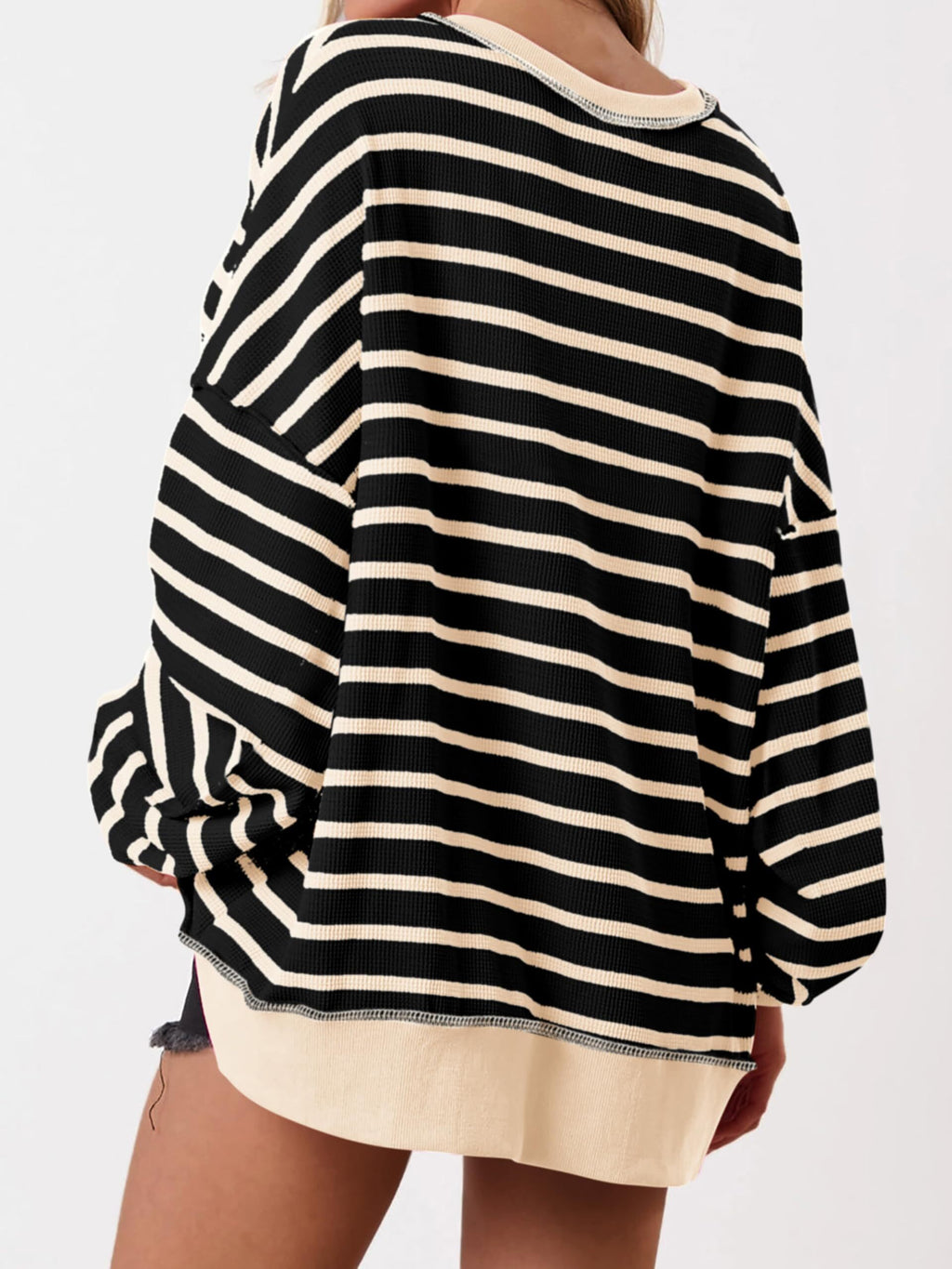 Women's Oversized Striped Button Up Henley Neck Waffle Knit Pullover