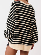 Women's Oversized Striped Button Up Henley Neck Waffle Knit Pullover