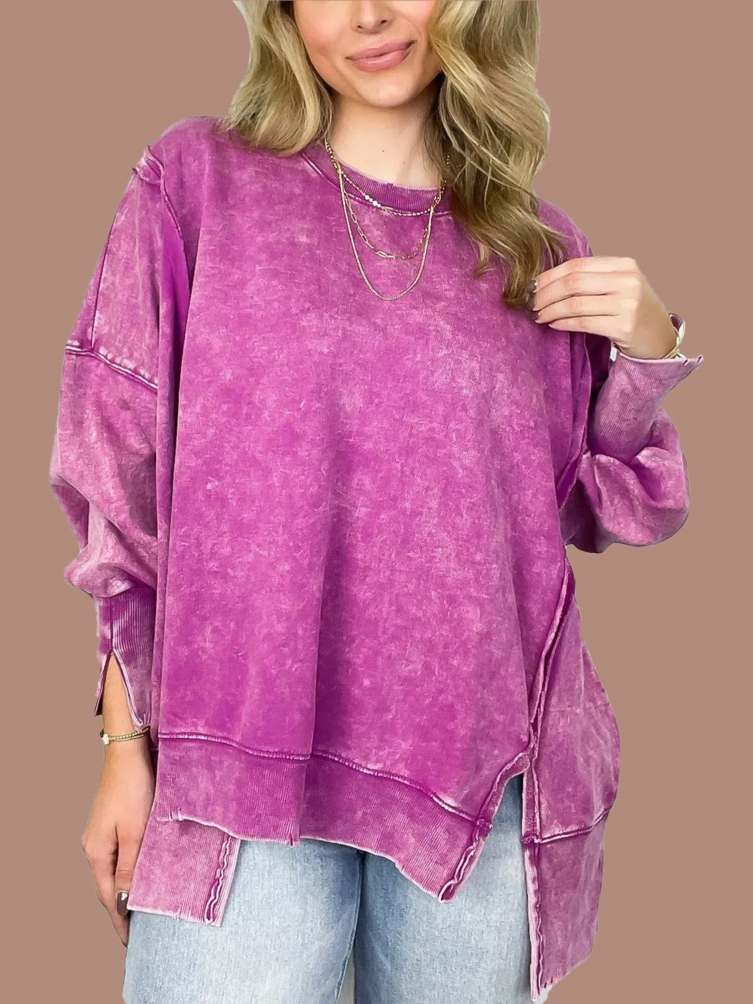 Women's Acid Wash Split Cuff Oversized Crew Pullover