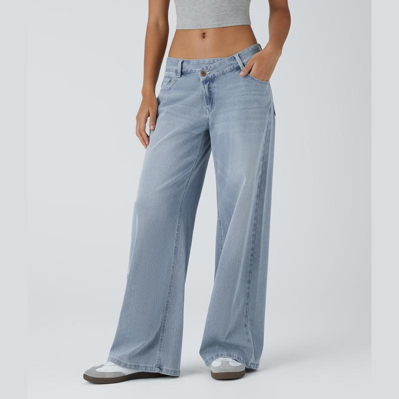 𝑯𝒂𝒍𝒍𝒐𝒘𝒆𝒆𝒏 𝑺𝒂𝒍𝒆🎃Flex Asymmetric Low Rise Zipper Pockets Baggy Wide Leg Washed Casual Jeans
