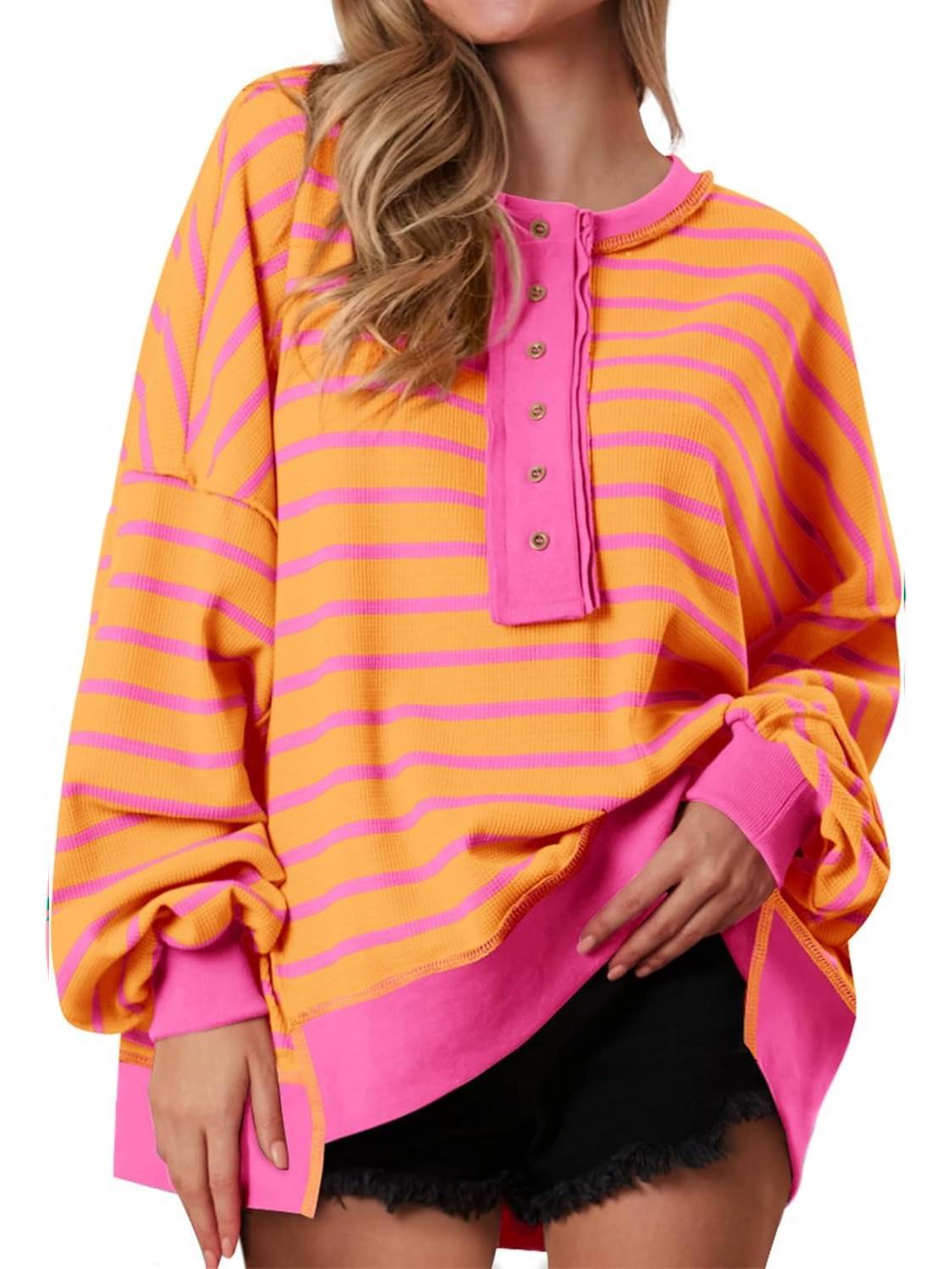 Women's Oversized Striped Button Up Henley Neck Waffle Knit Pullover