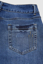 Roll Hem Ripped Double Button Mid Rise Straight Leg Jeans