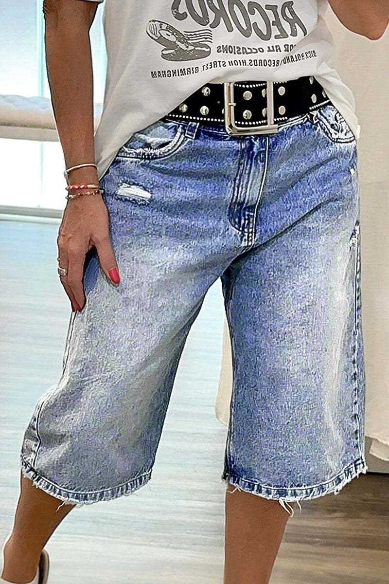 Raw Hem Ripped Mid Waist Denim Bermuda Shorts Without Belt