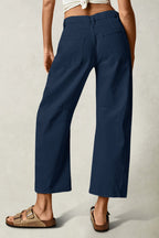 Solid Stitch Detail Mid Waist Crop Straight Leg Jeans Without Belt