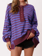 Women's Oversized Striped Button Up Henley Neck Waffle Knit Pullover