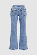 Wash Raw Hem Flap Pocket Wide Leg Low Rise Jeans