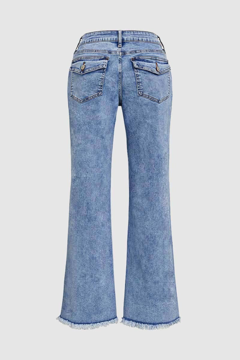 Wash Raw Hem Flap Pocket Wide Leg Low Rise Jeans
