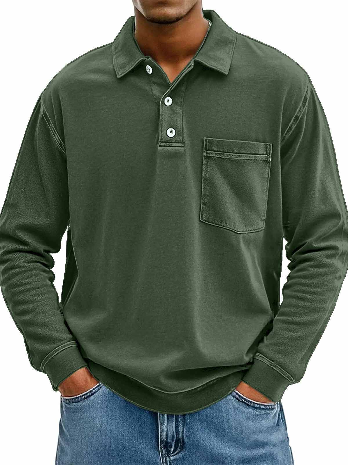 Men's Stylish Casual Vintage Lapel Long-sleeved Polo Shirt With Pockets