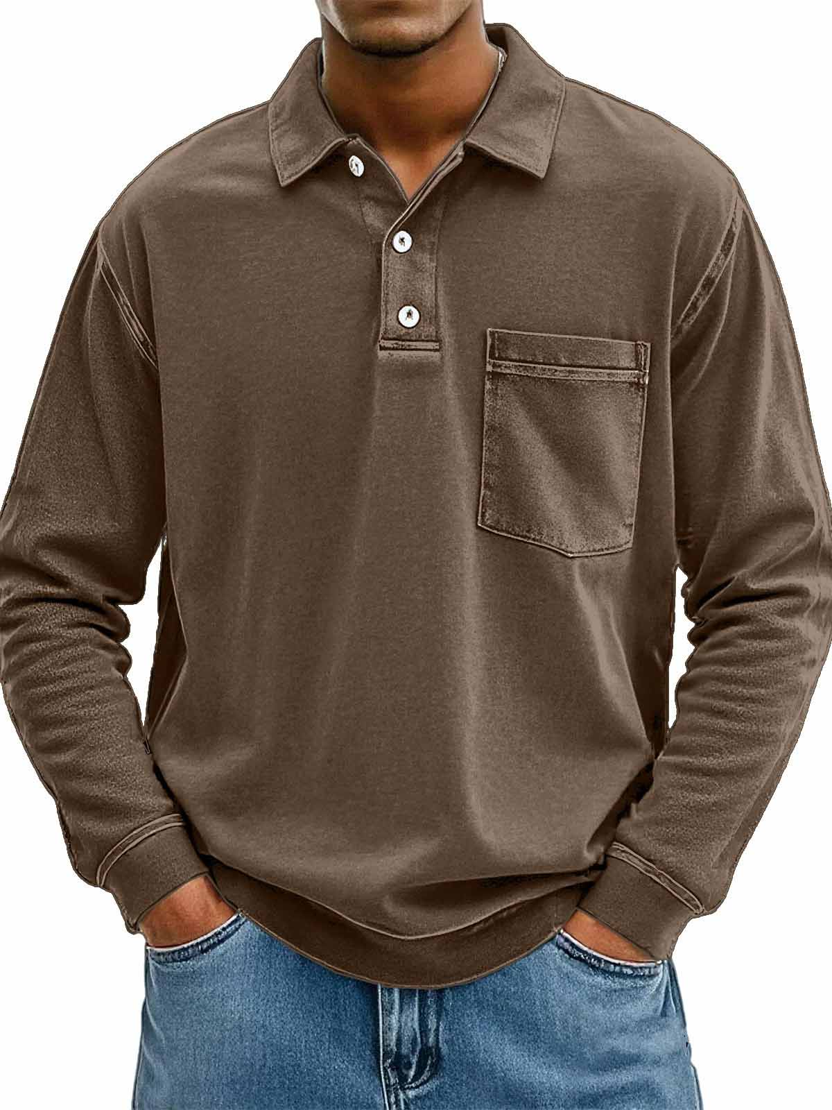 Men's Stylish Casual Vintage Lapel Long-sleeved Polo Shirt With Pockets