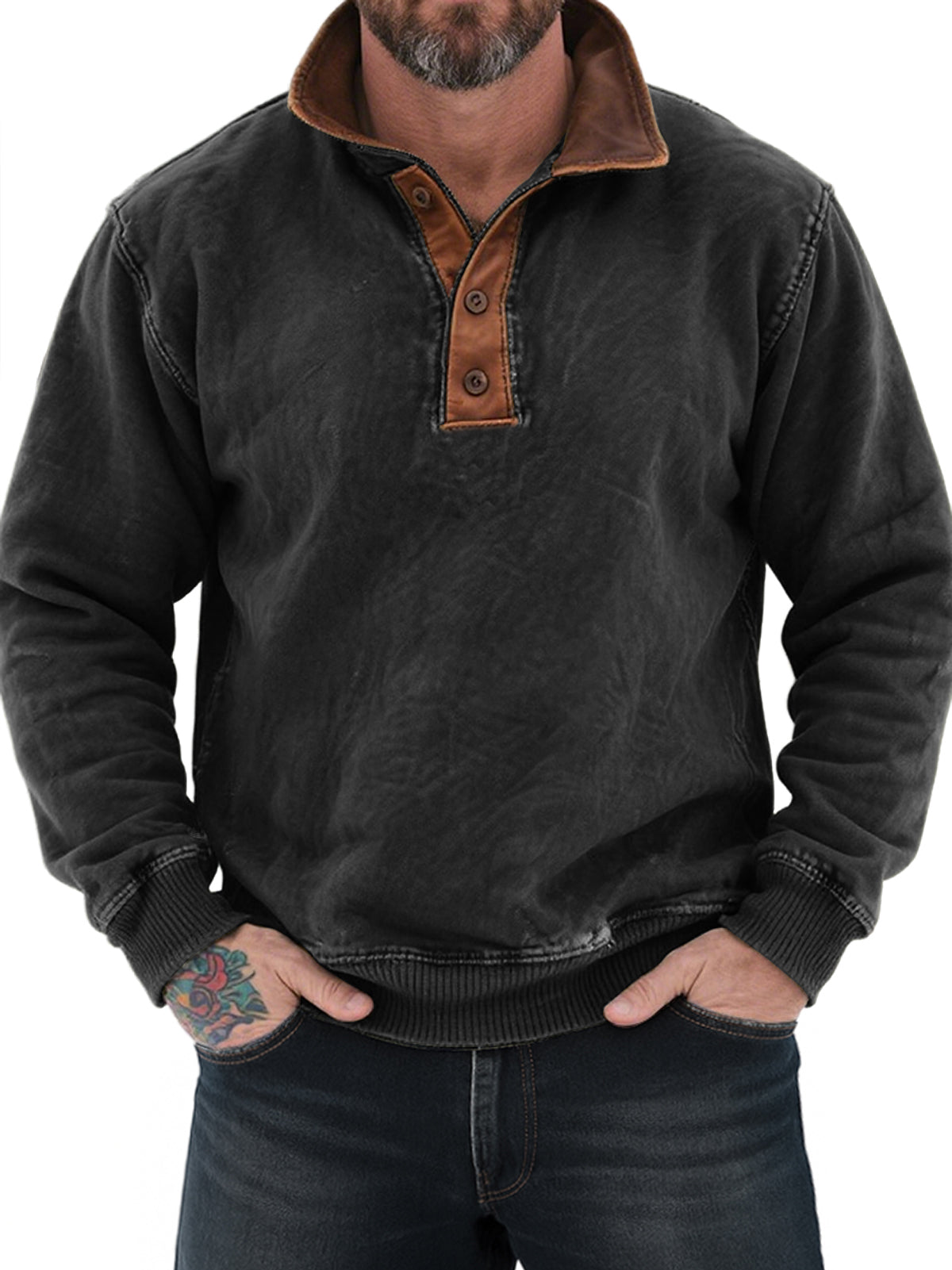 Men's Vintage Distressed Colorblock Lapel Casual Sweatshirt
