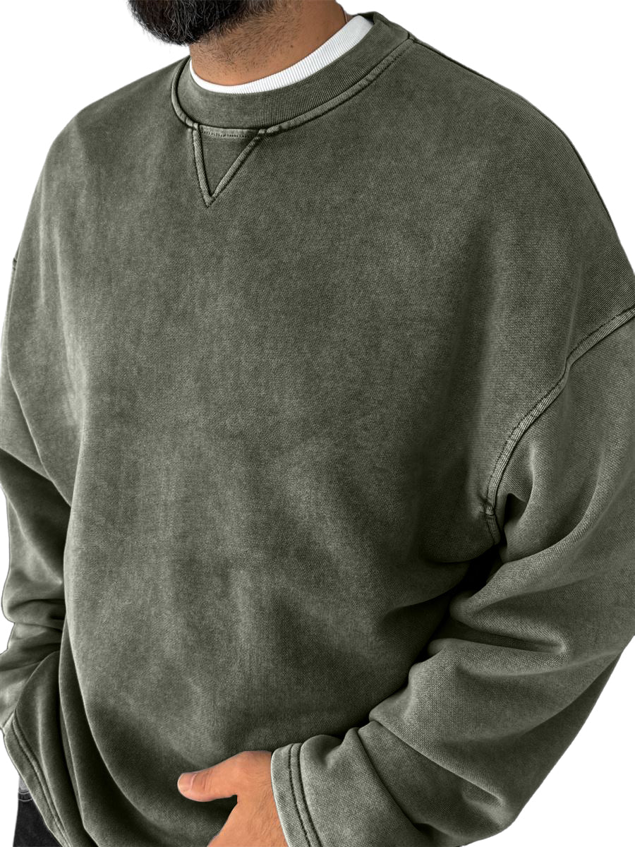 Men's Washed, Distressed, Vintage Casual Cotton Crew-neck Long-sleeved Sweatshirt