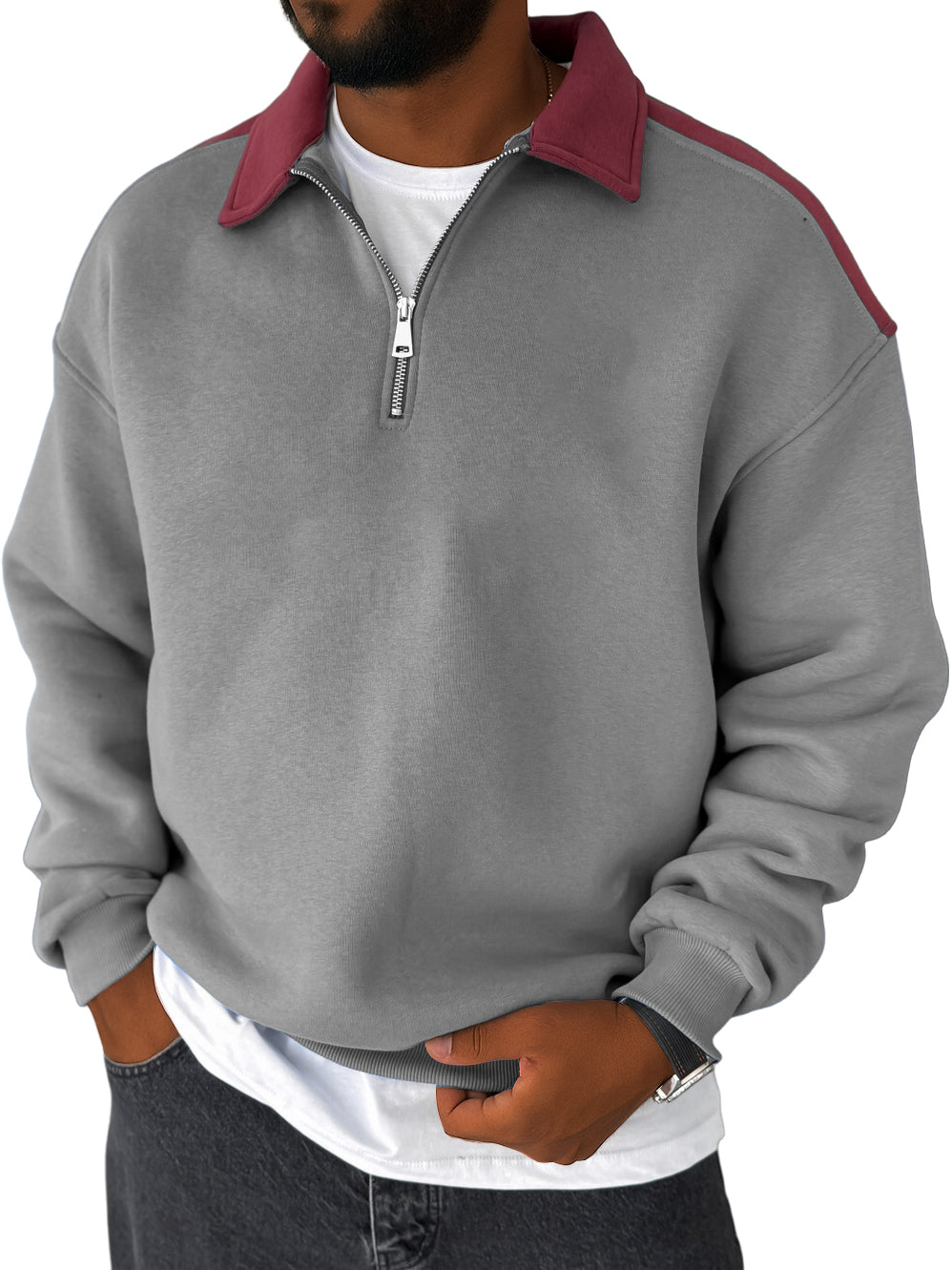 Men's Lapel Contrast Color Casual Loose Quarter Zip Sweatshirt