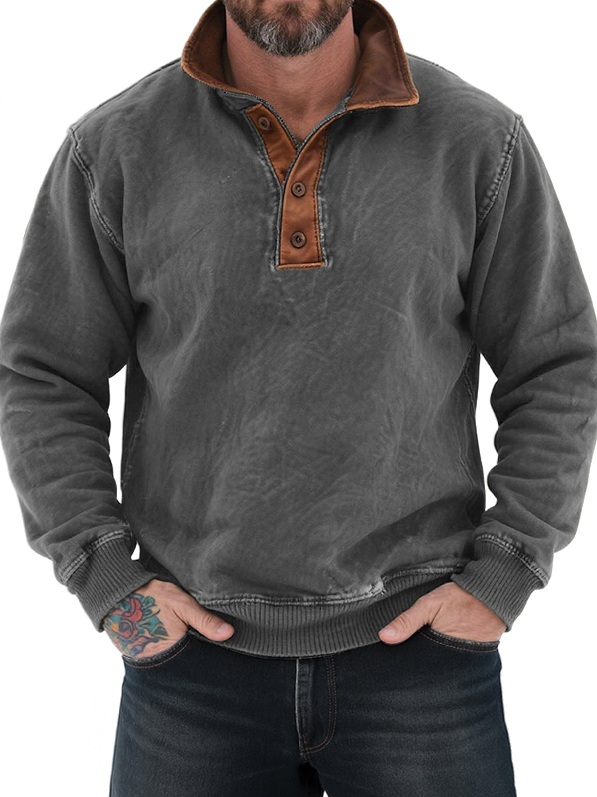 Men's Vintage Distressed Colorblock Lapel Casual Sweatshirt