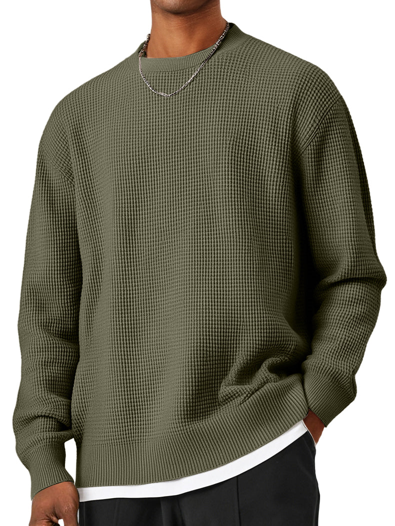 Men's Round Neck Waffle Patterned Loose Fitting Knit Sweater