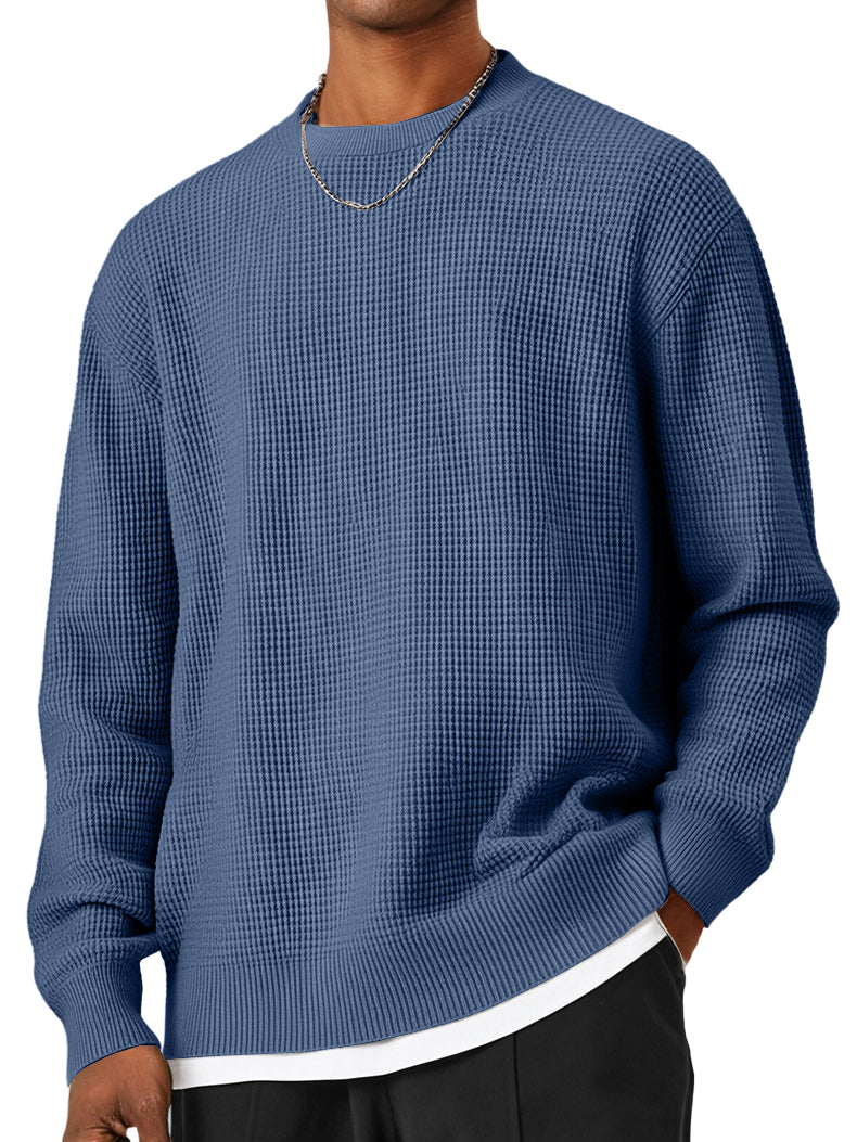 Men's Round Neck Waffle Patterned Loose Fitting Knit Sweater