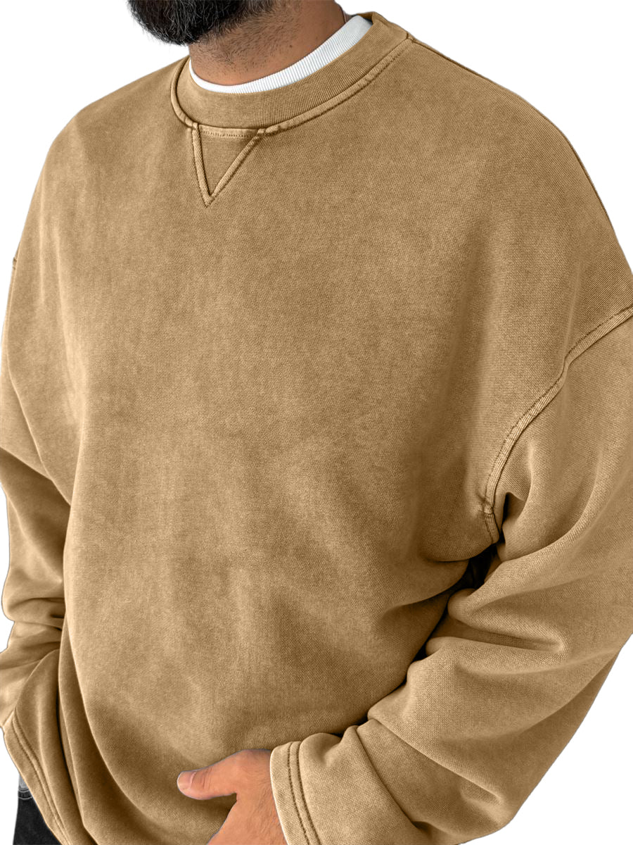 Men's Washed, Distressed, Vintage Casual Cotton Crew-neck Long-sleeved Sweatshirt